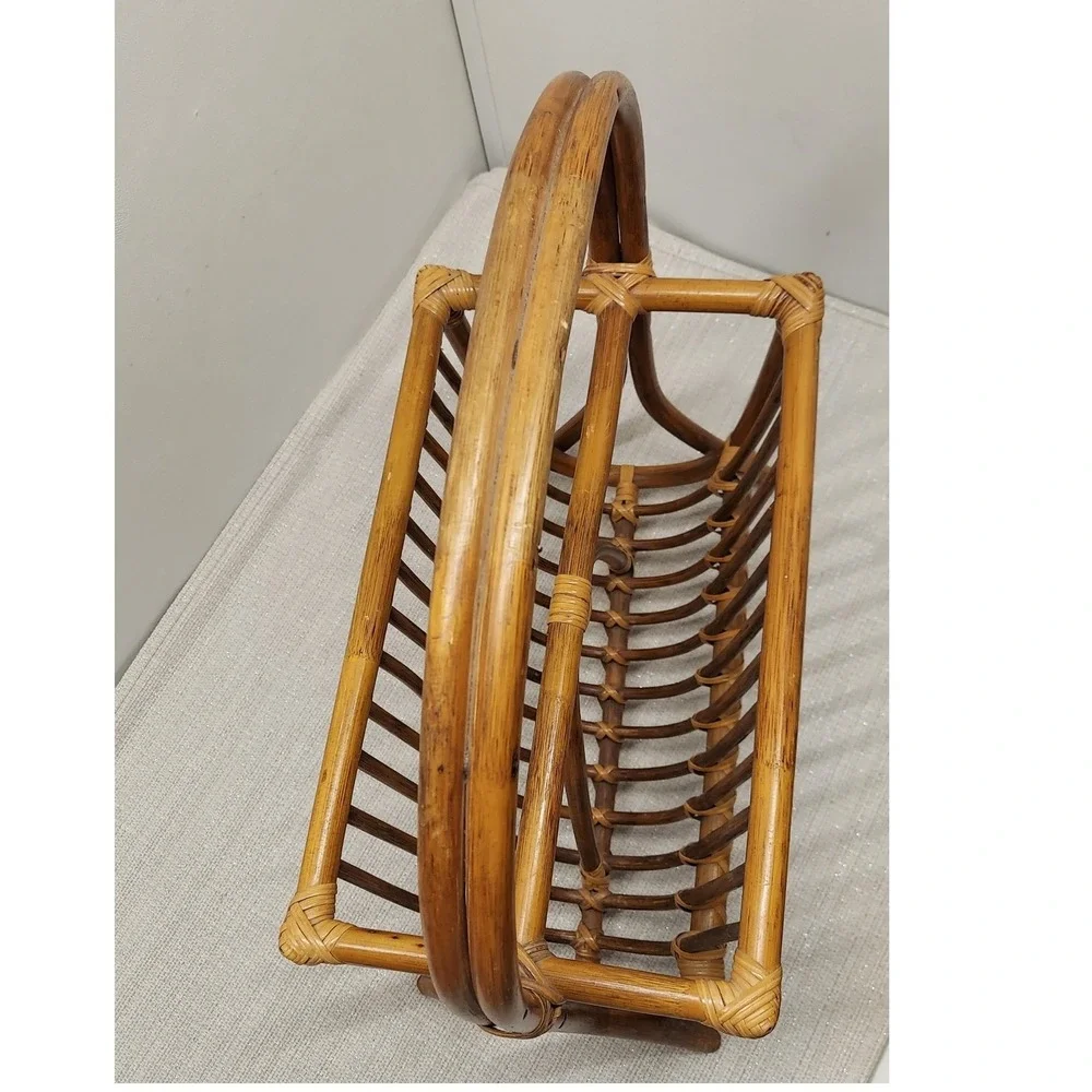 Vintage Rattan Bamboo Magazine Holder Rack Boho Style Basket Mid Century